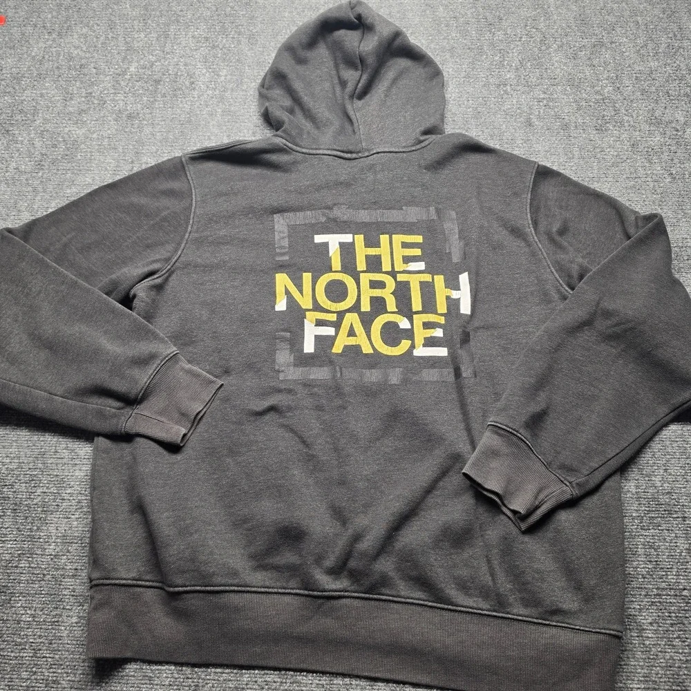 The North Face Hoodie Mens XL Charcoal Grey Yellow Box Graphic Pullover Fleece